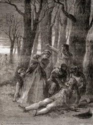 Smrt Philippa Lebona na Champs-Élysées poté, co byl třináctkrát bodnut, z „Les Merveilles de la Science“, vydáno kolem roku 1870 (rytina)