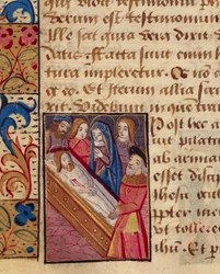 Uložení Krista do hrobu, miniatura z Knihy hodin (Užití Poitiers), latinský a francouzský rukopis ilustrovaný studentem Robineta Testarda, rukopis 1097 folio 80 verso, Francie konec 15. století.
