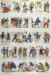 Různé fáze požáru v 19. století. Obrázek Epinal z 19. století.