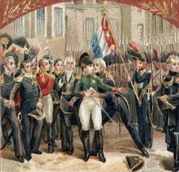 Rozloučení s Napoleonem Bonapartem (1769-1821) má císařská stráž na nádvoří Cheval Blanc na zámku Fontainebleau dne 20.4.1814. Chromolitografie konce 19. století