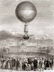 První úspěšný let balónem Jeana-Pierra Françoise Blancharda dne 2. března 1784 ve vodíkovém balónu vypuštěném z Champ de Mars v Paříži ve Francii z Les Merveilles de la Science, vydáno kolem roku 1870 (rytina)