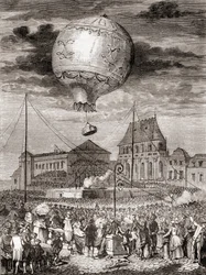 Let Aérostat Réveillon 19. září 1783 bratry Montgolfierovými ve Versailles ve Francii před francouzským králem Ludvíkem XVI. a královnou Marií Antoinettou z Les Merveilles de la Science, vydáno kolem roku 1870 (rytina)