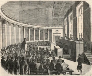 Velký amfiteátr během soutěže na právnické škole v Paříži - rytina v „Tableau-de-Paris“ od Edmonda Texiera 1852