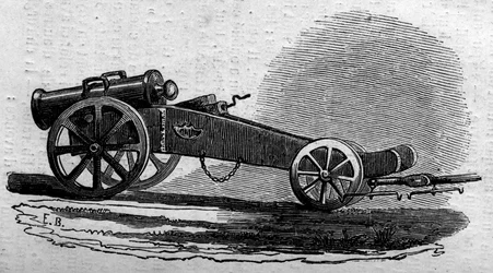 Houfnice rakouské armády použitá během bitvy o Buffalorský most (Itálie) během Risorgimenta v roce 1859. Rytina v „“ Le Monde Illustré““ č. 114 z 18. června 1859.