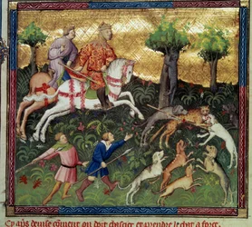 Hon na divokou kočku Miniatura převzatá z „Knihy lovu““ od Gastona III. Phoeba, hraběte z Foix, lorda z Bearnu (1331-1391)