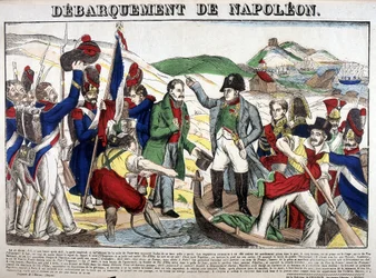 Vylodění v zálivu Juan: Napoleon I. se vrátil do Francie 1. března 1815 po období exilu na ostrově Elba. Obrázek Epinal