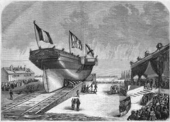 Vypuštění parníku Quirinal na La Seyne v roce 1857 (Compagnie des Messageries Maritimes). Rytina z roku 1857.
