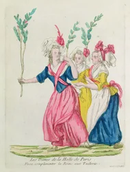 Pařížské trhovkyně jdou poblahopřát královně v Tuileries (barevná rytina)
