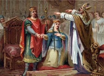 Sňatek Clovise (481-511) krále franků s Clothilde v roce 493. Chromolitografie konce 19. století.