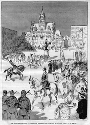 Středověké svátky Compiegne v roce 1886: kavalkáda představující vjezd Johanky z Arku (1412-1431). Gravírování v „“Le Monde Illustré““