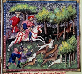 Miniaturní hon na lišku z knihy „Kniha lovu“ od Gastona III. Phoeba, hraběte z Foix, lorda z Bearnu (1331–1391)