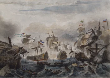 Námořní bitva u mysu La Hogue v roce 1692, rytina Chavanne (kolorovaný lept)