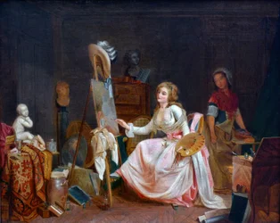 Malířův ateliér. Mladá žena maluje obraz