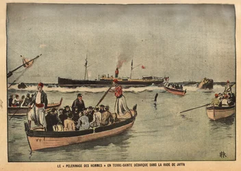 Pouť mužů ve Svaté zemi v Jaffě (Izrael). Rytina v "Le pelerin" 8/09/1901. Sbírka Selva.