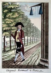 Návrat emigranta na konci Francouzské revoluce. Šlechtický roztrhaný oděv, který během revoluce uprchl z města. Rytina z Paříže 19. století, Musee Carnavalet
