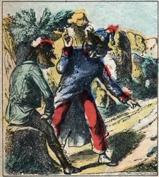 Nemocný lev a liška. Bajky Jean de La Fontaine (1621-95). Epinal zobrazování z konce 19. století.