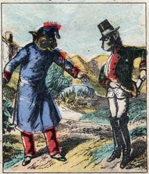 Nemocný lev a liška. Bajky Jean de La Fontaine (1621-95). Epinal zobrazování z konce 19. století.