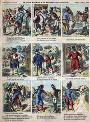 Nemocný lev a liška. Bajky Jean de La Fontaine (1621-95). Epinal zobrazování z konce 19. století.