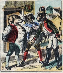 Nemocný lev a liška. Bajky Jean de La Fontaine (1621-95). Epinal zobrazování z konce 19. století.