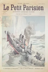 Potopení ruské vlajkové lodi Petropavlovsk 13. dubna 1904, ilustrace na obálce Le Petit Parisien, 1. května 1904