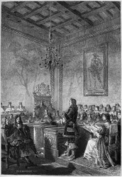 Proces s lordem Williamem Russellem (1639-1683) - rytina z „Dějin Anglie, od nejstarších dob“ od Francoise Guizota 1877