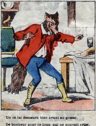 Vlk a čáp. Bajky Jean de La Fontaine (1621-95). Epinal zobrazování z konce 19. století.