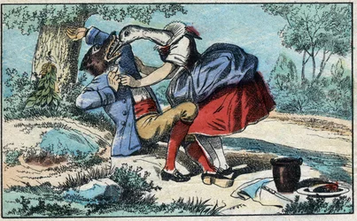 Vlk a čáp. Bajky Jean de La Fontaine (1621-95). Epinal zobrazování z konce 19. století.