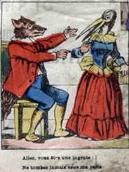 Vlk a čáp. Bajky Jean de La Fontaine (1621-95). Epinal zobrazování z konce 19. století.