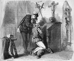 Mladý král Jindřich III. (1574-1589) a jeden z jeho Mignonů. Rytina do „Historie prostituce a zhýralosti mezi všemi národy světa od starověku po současnost“ od Dr. Th. -F. Debray. 1879.