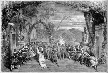 Divadelní ztvárnění: dějství II, poslední scéna „Les Dances nationalles de la France“ od Lamberta Thibousta (1826-1867), Alfreda Delacoura (1815-1883) a Clairville (1811-1879). Paříž, Theater des Varietes