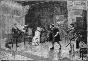 Divadelní ztvárnění: “” Hernani”” od Victora Huga (1802-1885), dějství I. scéna 3. Paris, Comedie Francaise
