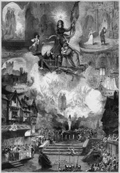 Divadelní ztvárnění: „“ Johanka z Arku“, lyrické drama Julese Barbiera (1825-1901), hudba Charlese Gounoda (1818-1893). Paříž, divadlo de la Gaite. Rytina v „“ Le Monde Illustré““ č. 868 z 29. listopadu 1873.
