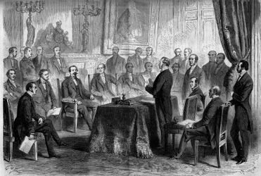 Třetí republika: zasedání Státní rady v Tuileries za přítomnosti Napoleona III. (1808-1873) a barona Eugena Georgese Haussmanna, prefeta Paříže (1809-1891). Rytina v „“ Le Monde Illustré““ č. 291 z 8. listopadu 1862.