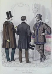 Tři elegantní mladí muži, prosinec 1856 (barevná rytina)