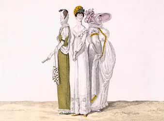 Tři pařížské grácie, deska 16 z le Bon Genre, kolem 1810 (barevná rytina)