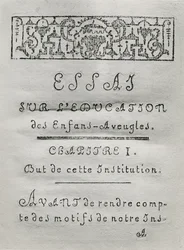 Titulní strana pro první kapitolu Essai sur leducation des aveugles od Valentina Hauye (1745-1822) publikované v roce 1786