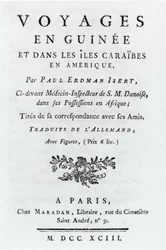 Titulní stránka pro Cesty v Guineji a na Karibských ostrovech v Americe od Paula Erdmana Iserta, vydáno 1743