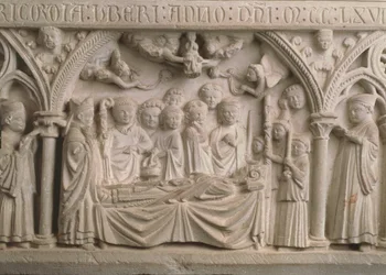Hrob biskupa Radulpheho († 1266), detail sarkofágu zobrazující procesí a vynášení Radulpheovy duše do nebe (viz také 171276)