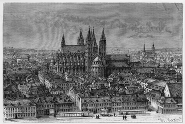 Tournai: vnější pohled na Notre-Dame (Notre Dame) a panorama města. Rytina od Barclaye pro ilustraci příběhu „Belgie“, Camille Lemonnier (1844-1913), belgická spisovatelka. Publikováno v Le Tour du monde, nouveau journal des voyages, 2. semestr