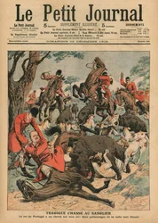 Tragický lov divočáka: kůň Karla I., portugalského krále, je pod ním zabit, titulní ilustrace z „Le Petit Journal“, ilustrované přílohy, 23. prosince 1906