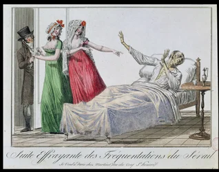 Tragický následek návštěvy nevěstinců, karikatura syfilitika, kolem 1800 (barevná rytina)