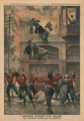 Tragický požár v dílně v Newarku, New Jersey, ilustrace z 