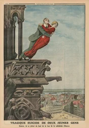 Tragická sebevražda dvou mladých lidí z věže katedrály v Antverpách, ilustrace na zadní straně obálky z 