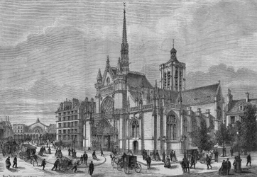 Proměny Paříže za Druhého císařství, Haussmannovská Paříž: pohled na nové novogotické průčelí kostela Saint Laurent, boulevard de Strasbourg, restaurované architektem Simonem Claudem Constantem Dufeuxem (Constant-Dufeux) (1801-1870)