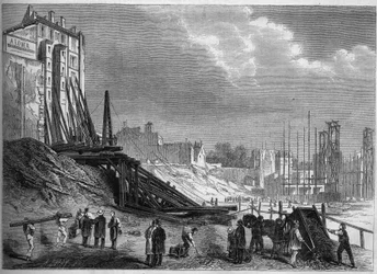 Proměny Paříže za Druhého císařství, Haussmannovská Paříž: pohled na demolice na místě Square Montholon, rue Lafayette. Rytina v ""Le Monde Illustre"" č. 335 z 12. září 1863.