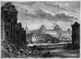 Proměny Paříže za Druhého císařství, Haussmann Paris: demolice pavilonu Flore a práce na nádvoří Tuileries - Rytina v „“ Le Monde Illustré““ č. 244 ze 14. prosince 1861
