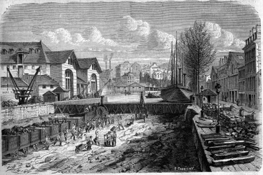 Proměny Paříže za Druhého císařství, Haussmann Paris: práce provedené za účelem snížení hladiny vodního útvaru Canal Saint Martin. Rytina v „“ Le Monde Illustré““ č. 143 ze 7. ledna 1860.