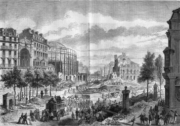 Proměny Paříže za druhé říše, Paris Haussmann: proražení Boulevard du Prince Eugene (dnešní Boulevard Voltaire). Rytina v „“ Le Monde Illustré““ č. 284 z 20. září 1862.