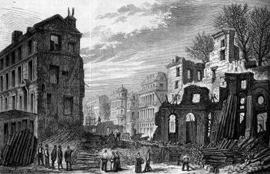 Proměny Paříže za Druhého císařství, Paris Haussmann: proražení bulváru Saint Germain, pohled z rue saint dominique. Rytina z roku 1870.
