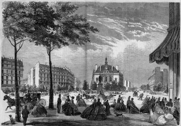 Proměny Paříže za Druhého císařství, Paris Haussmann: nová radnice obvodu XI v Paříži. (Můžete vidět Voltaire Boulevard a Parmentier Avenue). Gravitace z roku 1865.